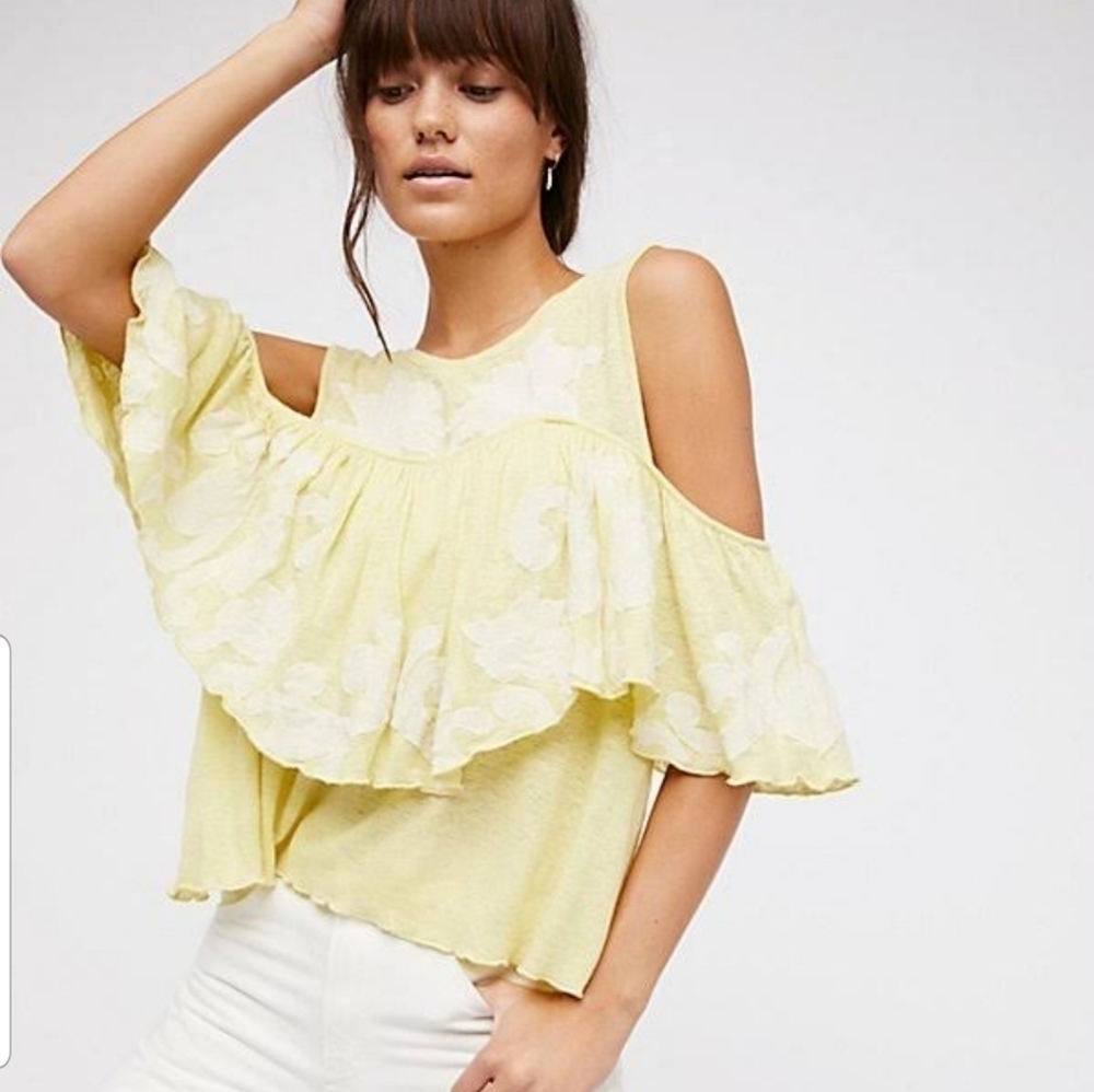 Free People Georgina Cold Shoulder Tank Top Ruffled, Yellow Size S